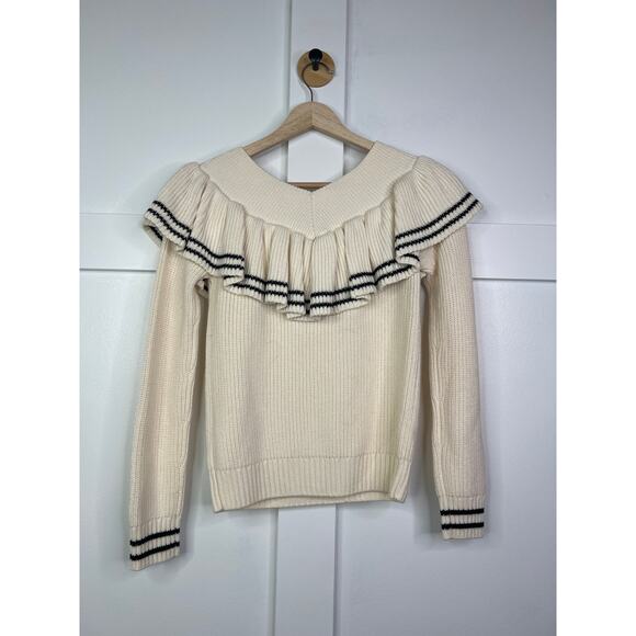 NWT Self-Portrait Striped Off Shoulder Ribbed Ruffled Cream Long Sleeve Sweater - Picture 7 of 8